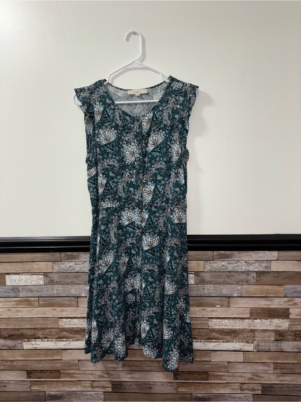 LOFT Green Floral Cap-Sleeve A-Line Dress Button Front  Size 4